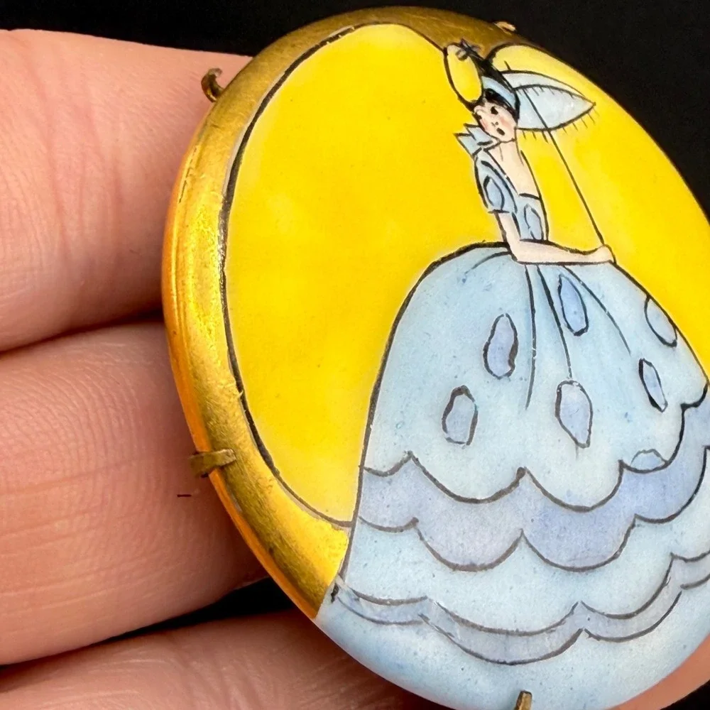 Vintage Victorian Painted Porcelain Brooch Yellow Woman With Umbrella